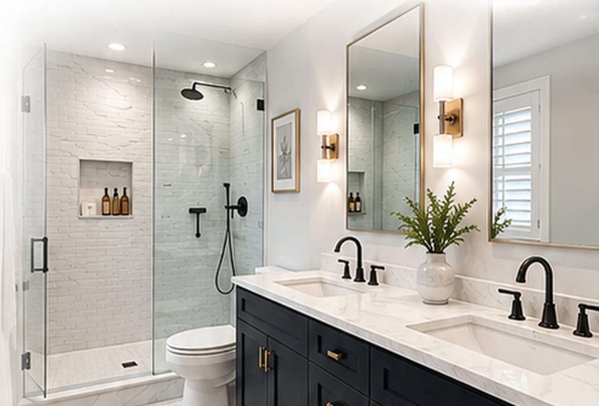 Completed modern bathroom remodel with walk-in shower and double vanity